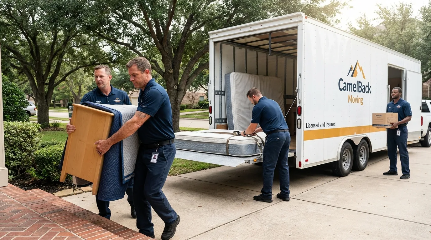 Crew loading residential truck for cross-state move from Italy, TX