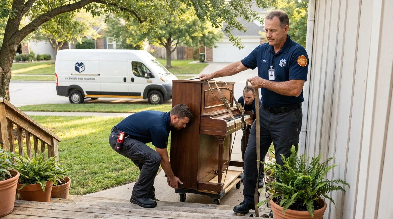 Licensed piano movers securing grand piano in Italy, TX