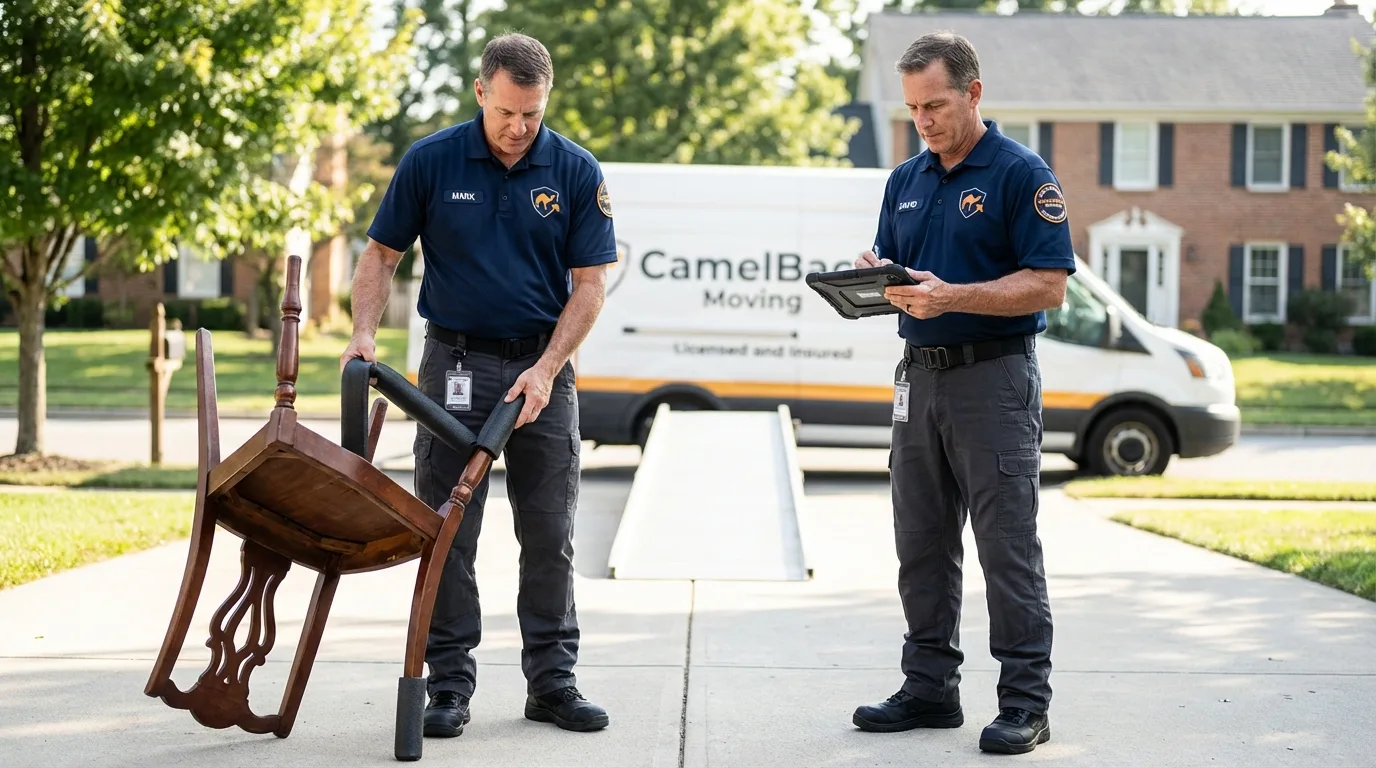 Movers inspecting furniture for damage prevention before loading in Italy, TX