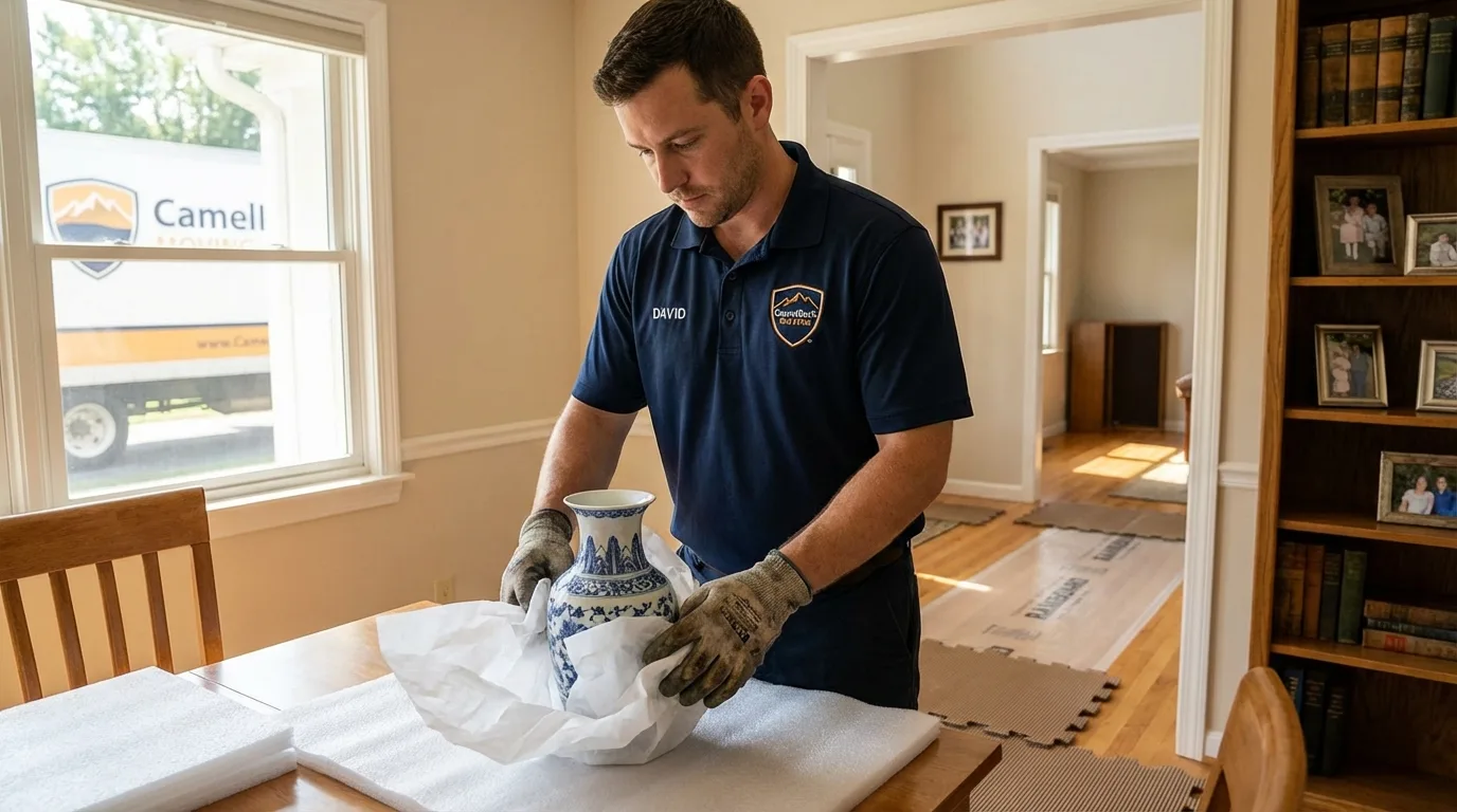 Professional crew carefully wrapping antique vase for senior downsizing move in Italy, TX