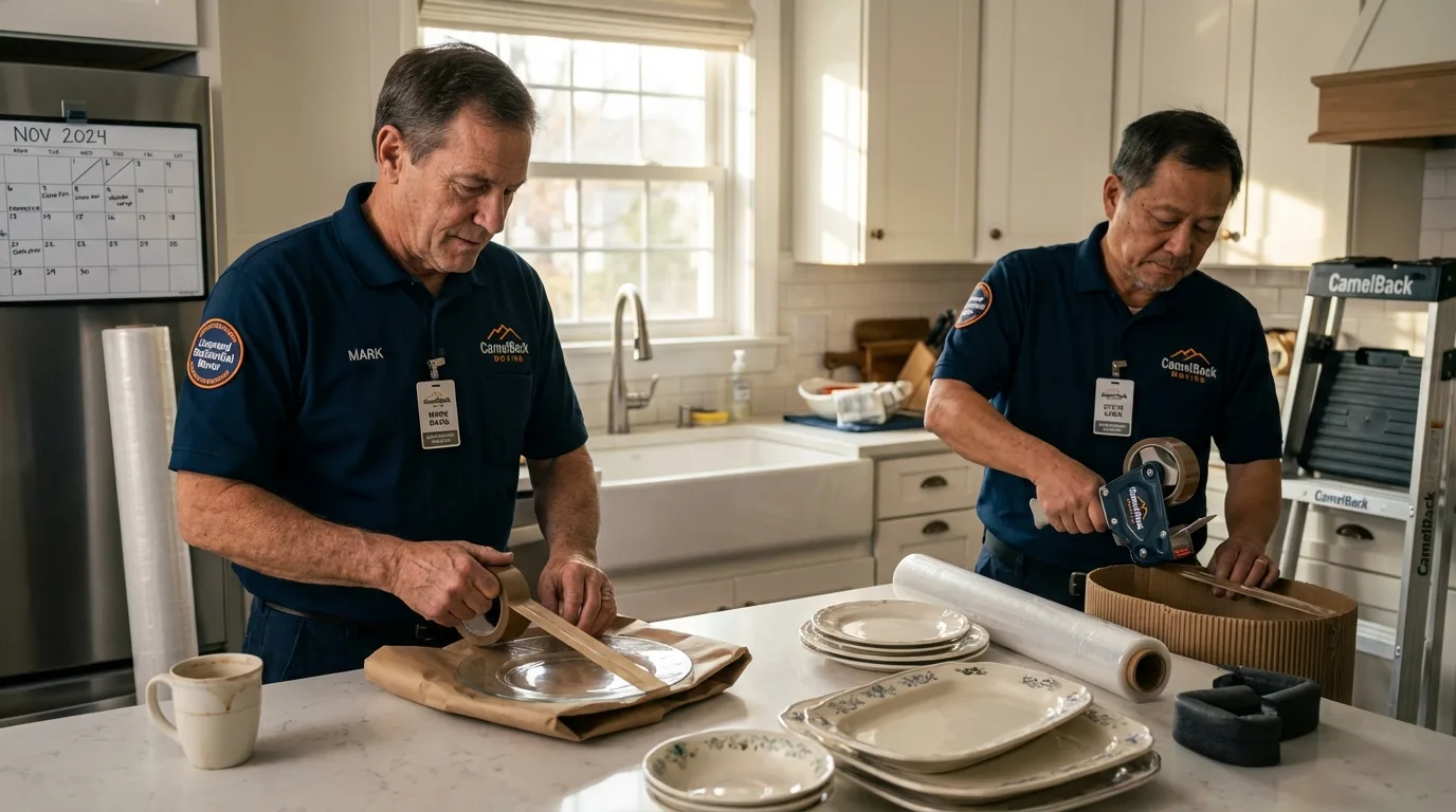 Professional crew packing kitchen dishware in Italy, TX